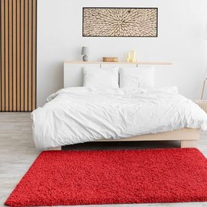 VIMODA Prime Shaggy hoogpolig gemêleerd tapijt, modern vloerkleed voor woonkamer of slaapkamer, afmetingen: 150 cm vierkant - Rood, 70 x 250 cm