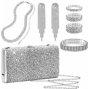 5-delige zilveren sieradenset voor dames, Kucheed glitter, avondtas, strass, halsketting, armband, ring, kristal, hanger, franjes, voor bruiloftsfeest, Niet-kostbaar metaal, Calciet