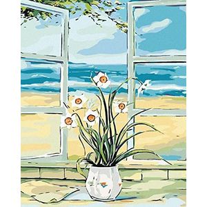 Schilderen op nummer - Narcise in het raam op het strand - 40 x 50 cm - zonder lijst