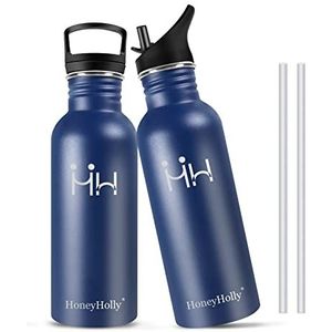 HoneyHolly Waterfles van roestvrij staal, 500 ml, drinkfles van roestvrij staal, rietje, BPA-vrij, milieuvriendelijke drinkfles, lekvrij, voor sport, fitnessstudio, reizen