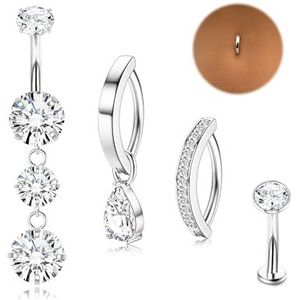 Chriscoco Belly Button Bars 14G chirurgisch roestvrij staal navelpiercing hypoallergeen clicker navelring zilver/goud Dangly Belly Bars CZ navelpiercing sieraden voor vrouwen meisjes staal, Roestvrij