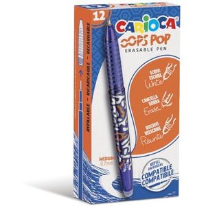 Carioca Oops Pop 12 stuks navulbare pennen voor school en kantoor met capuchon, dubbel rubber en ergonomische handgreep, blauwe pennen, 12 stuks