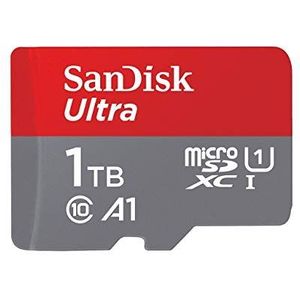 SanDisk SDSQUA4-1T00-GN6MA, microSDXC Ultra geheugenkaart + SD-adapter, 1 To Leessnelheid tot 120 MB/s, klasse 10, U1, goedgekeurd A1, rood/grijs