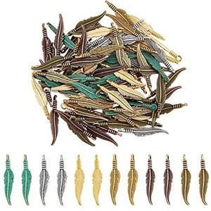 DICOSMETIC 144 stuks 6 kleuren antieke veer bedels Tibetaanse legering lange veer charme hanger sieraden resultaten doolblad bedels voor oorbel doe-het-zelf handwerk, gat: 2 mm, roestvrij staal,