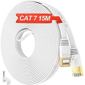 Ethernet-kabel, 15 m, Cat 7, netwerkkabel, 15 m, hoge snelheid, lang, plat, RJ45-kabel, 15 m, afgeschermd, wit, LAN-kabel, 10 Gbit/s, 600 MHz FTP, Gigabit internetkabel voor buiten, binnen, voor