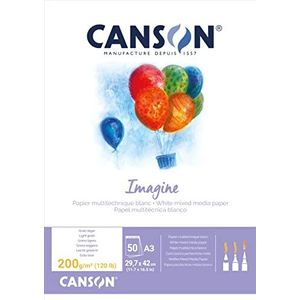 CANSON Imagine, multi-technisch papier, lichte korrel, 200 g/m², 54,43 kg, kleine zijde gelijmd, A3 - 29,7 x 42 cm, natuurlijk wit, 50 vellen