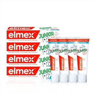 elmex Dentifrice Junior 6-12 ans 4 x 75 ml – Nettoyage médical des dents avec teneur en fluorure de 1400 ppm pour une protection efficace contre les caries – Renforce les nouvelles dents durables
