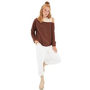 Trendyol Bodycon Colorblock dames sweatshirt met hoge kraag van netstof, bruin, S, Bruin