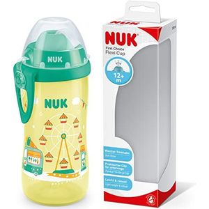 NUK First Choice Flexi Cup leerfles, vanaf 12 maanden, lekvrij met rietje, clip en beschermkap, BPA-vrij, 300 ml, groot wiel (geel)
