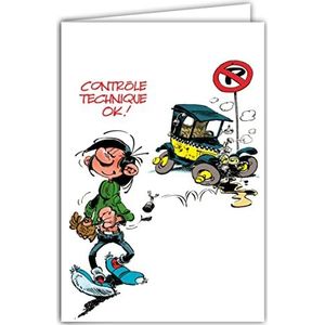AFIE GLCT-0244 Gaston Lagaffe kaart, goede verjaardag, 1 jaar, auto, auto, Fiat 509, humor, gesloten formaat, 17 x 11,5 cm, met geïllustreerde envelop inbegrepen, gemaakt in Frankrijk