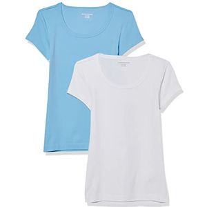 Amazon Essentials Set van 2 T-shirts voor dames met korte mouwen en ronde hals, slim fit, wit/lichtblauw, maat XXL