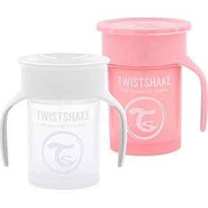 Twistshake 2 x 360 spatbescherming babybeker met siliconen afdichting, 230 ml, trainingsbeker voor kinderen, waterdichte waterfles, BPA-vrij, wit/roze