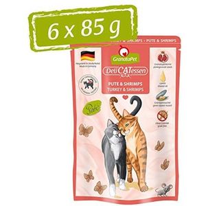 GranataPet DeliCatessen kalkoen & garnalen, natte voer voor je kat, voedsel voor katten zonder granen en zonder toegevoegde suikers, lekker en gezond voer voor gourmets, 6 x 85 g blikken