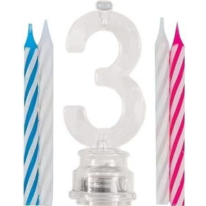 Unique Party 37533 Verjaardagskaarsenhouder met knipperende kleuren, nummer 3 met 4 kaarsen