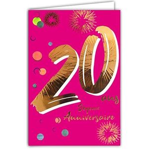 Verjaardagskaart voor de 20e verjaardag van glanzend goud in reliëf voor dames - kleurrijke tekst geschikt voor de leeftijd binnen - envelop inbegrepen - gemaakt in Frankrijk - kleuren - Afie 69-2620