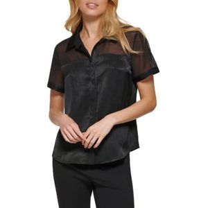 DKNY Easy Sheer satijnen top met lange mouwen voor dames, zwart, S, zwart.