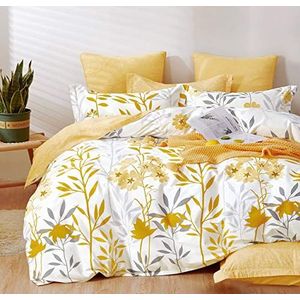 SLEEPBELLA Omkeerbaar dekbedovertrek van katoen, draaddichtheid 600, grijze takken en gele bloemen (kingsize bed, wit blad)