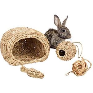 Relaxdays 4-delige huisdierset voor kleine huisdieren, grashaus, 2 voederballen en meeuwen, kooi-accessoires, cavia's en konijnen, natuur