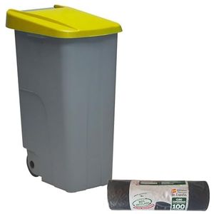 WELL HOME MOBILIARIO & DECORACIÓN Gesloten container 85 l geel H 76 cm + rol met 10 vuilniszakken 100 liter