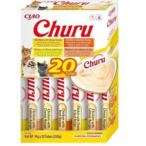INABA Churu - Kattentraktaties van puree met 4 smaken van rundvlees en kip – heerlijke snacks voor katten – gladde en romige textuur – kattenvoer – 20 tubes x 14 g