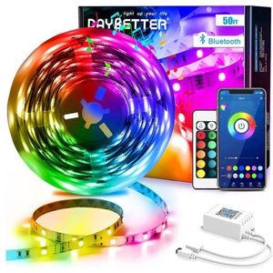 DAYBETTER Ledstrip, 5050 RGB, 15 m, Bluetooth app-bediening, lichtketting met afstandsbediening, voor slaapkamer, keuken, woonkamer en tv