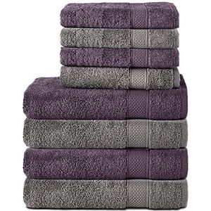 Komfortec 8-delige handdoekenset van 100% katoen, 4 badhanddoeken 70 x 140 en 4 handdoeken 50 x 100 cm, badstof, zacht, groot, antracietgrijs/paars