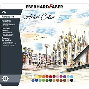 Eberhard Faber 516124 - Artist Color kleurpotloden, 24 kleuren metalen etui, zeshoekige vorm, voor moderne afbeeldingen, fijne tekeningen en aquarellen in heldere kleuren