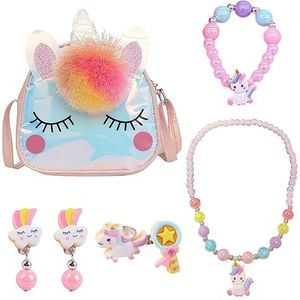 MEMOFYND 1 x cartoon schoudertas en 6 x accessoires, sieradenset, speelgoed, prinsessenhalsketting, armband, oorbellen, geschikt voor kinderfeestjes, feestjes, polyurethaan