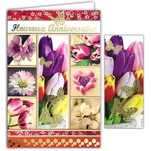 Afie 65-1092-B Wenskaart voor verjaardag voor meisjes dames, met bladwijzer in glanzend goud en envelop, vlinders, tulpen, madeliefjes, boom, bedrukt, bloemen, roze, paars, oranje