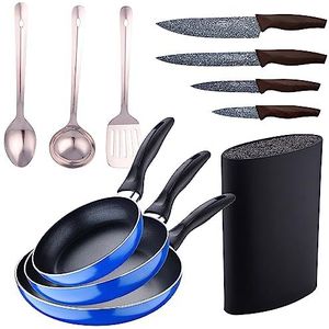 San Ignacio Set 3pc sarten (16+20+24cm) aluminium pressé, induction, bleu marine paradise avec Set 3 pcs ustensiles de cuisine en acier inoxydable avec Set 4pc couteaux ac