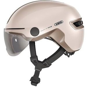 Abus HUD-Y ACE stadshelm - stijlvolle fietshelm met vizier en led-achterlicht magnetisch en oplaadbaar - voor dames en heren - beige, maat M