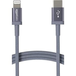 Amazon Basics - MFi-gecertificeerde USB C naar Lightning-kabel van gevlochten nylon voor iPhone 13/12/11/X/XS/XR/8, 0,9 m, donkergrijs