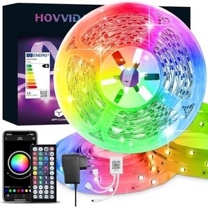 HOVVIDA RGB 5050 Ledstrip, 15 m, 30 leds/meter, app en afstandsbediening, muziekmodus, timermodus, led voor slaapkamer, woonkamer, keuken, slaapkamer, bar, feest