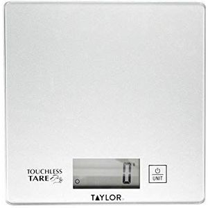 Taylor Pro Digitale keukenschaal met touchless taris in geschenkdoos, hoge nauwkeurigheid, compact design, glas/plastic, zilver, inhoud 5 kg