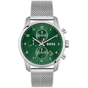 BOSS Herenhorloge chronograaf kwarts met Milanese armband van zilverkleurig roestvrij staal – 1513938, groen, armband, Groen, Armband