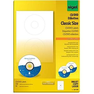 SIGEL LA526, 100 CD/DVD-etiketten, Ø 11,7 cm, voor inkjet, 50 vellen, wit