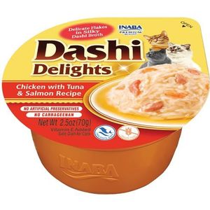 INABA Dashi Delights – stukjes in een bouillon van bonitovlokken met kip, tonijn en zalm – 1 x 70 g – kattenvoer – topping – rijk aan eiwitten – natuurlijke ingrediënten – kattenvoer