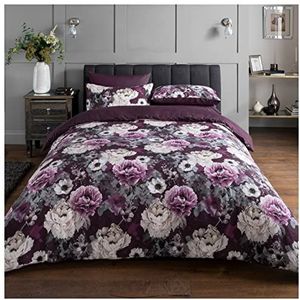 Sleepdown Omkeerbare beddengoedset met dekbedovertrek 200 x 200 cm en 2 kussenslopen 80 x 80 cm, bloemenpatroon, paars