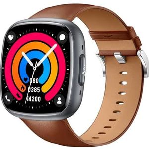 Knauermann NEO 2 (2025) Smartwatch, vierkant, zwart, met ECG-functie, HRV-functie, Bluetooth, slaapapneu, bloeddruk, armband van bruin rundleer, hoogte: 42 mm; breedte: