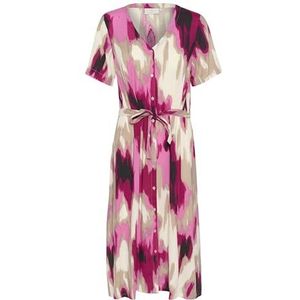 KAFFE Women's Maxi Dress V-Neck Buttons Belted Short Sleeves Regular Fit, Pink Abstract Print, 38