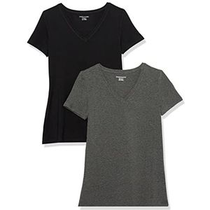 Amazon Essentials Dames-T-shirt met V-hals en korte mouwen, klassieke pasvorm, zwart/antraciet gemêleerd, maat L