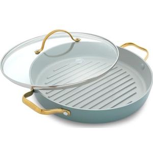 GreenPan Padova Reserve Grillpan met antiaanbaklaag, van geanodiseerd keramiek, 28 cm, met zijhandgrepen, PFAS-vrij, inductie, goudkleurige handgreep, vaatwasmachinebestendig, ovenbestendig, rookblauw