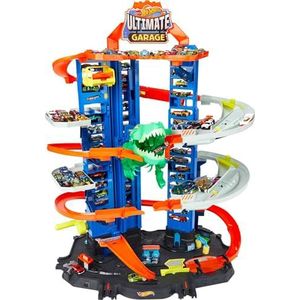 Hot Wheels Ultimate Garage City Vs Robo Beasts met racebaan met meerdere niveaus, mobiele T-Rex dinosaurus 91 cm, inclusief 2 auto's, speelgoed voor kinderen vanaf 5 jaar, GJL14