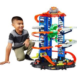 Hot Wheels Ultimate Garage City Vs Robo Beasts met racebaan met meerdere niveaus, mobiele T-Rex dinosaurus 91 cm, inclusief 2 auto's, speelgoed voor kinderen vanaf 5 jaar, GJL14