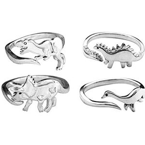 chengxun Set van 4 verstelbare open ringen in dinosaurusvorm voor vrouwen en meisjes, metaal, Metaal