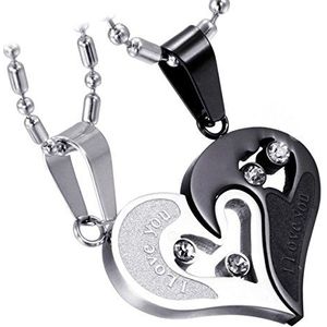 Cupimatch Set van 2 roestvrijstalen halsketting met strass hart hanger met opschrift ""I Love You"" - Voor dames en heren - Met ketting van 50 cm en 55 cm, Roestvrij staal, Zirkonia