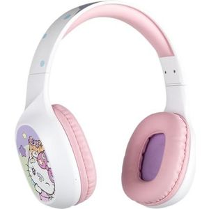 Konix Hello Kitty Draadloze Bluetooth 5.3 hoofdtelefoon voor pc, smartphones, tablets, microfoon, 30 uur batterijduur, 3,5 mm jack-kabel, wit en roze