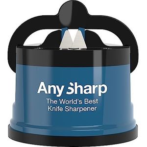 AnySharp Messenslijper, handenvrij, PowerGrip-zuignap, slijpt veilig alle keukenmessen, ideaal voor gehard en gekarteld staal, het beste ter wereld | Blauw