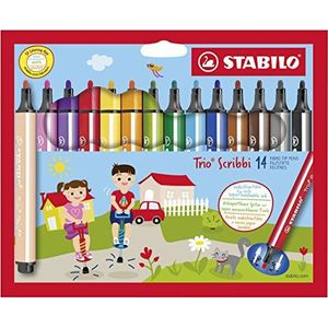 STABILO Trio Scribbi viltstiften, kartonnen etui, 14 driehoekige viltstiften, brede punt, verschillende kleuren