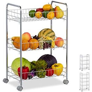 Relaxdays 10030061_348 rek met wielen, 3 etages, 4 wielen, universeel, voor keuken, badkamer, kantoor, rolwagen, HBT 62,5 x 40,5 x 26,5 cm, zilver